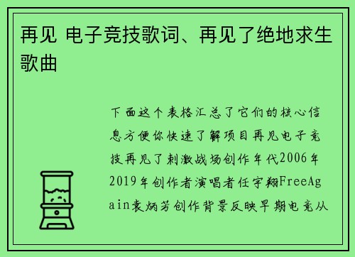 再见 电子竞技歌词、再见了绝地求生歌曲